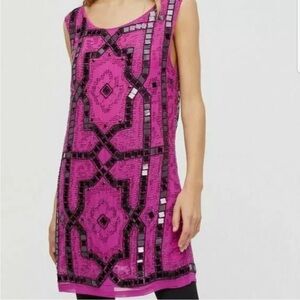Free People fuschia purple speak easy tunic dress fully beaded